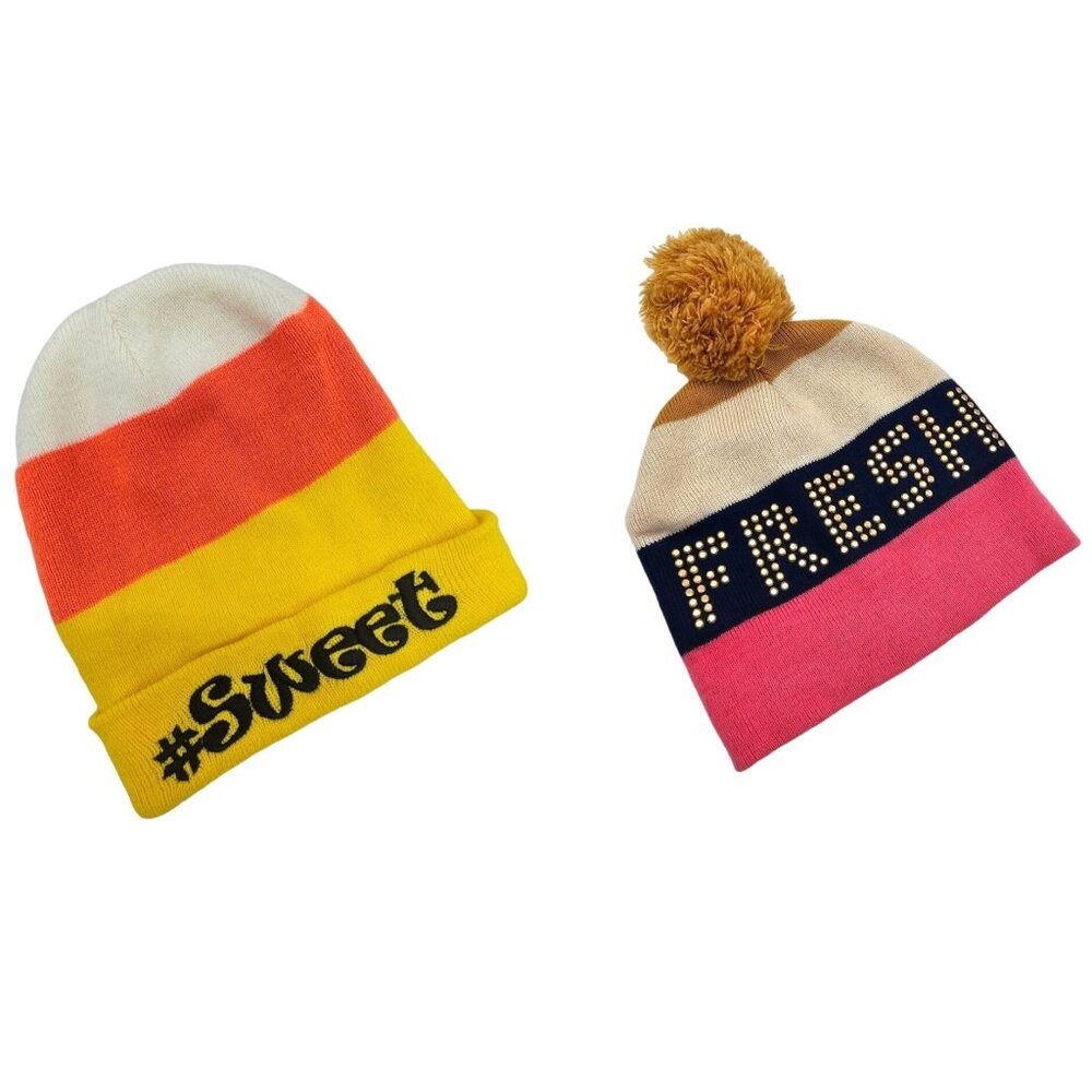 Beanie Hat Bundle SWEET FRESH Striped Knit Pom Funny Fun Winter Teen Girls Women